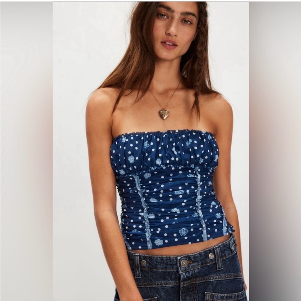 New Free People Scottie Printed Tube Top- Blue Combo